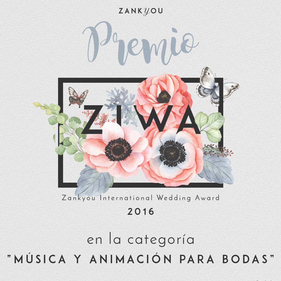 Certificado del premio ZIWA al mejor DJ para bodas del año 2016