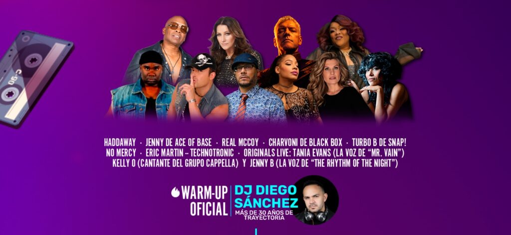 Cartel oficial del Dance Now Tour destacando a DJ Diego Sánchez como Warm-Up Oficial junto a los artistas originales del Eurodance.