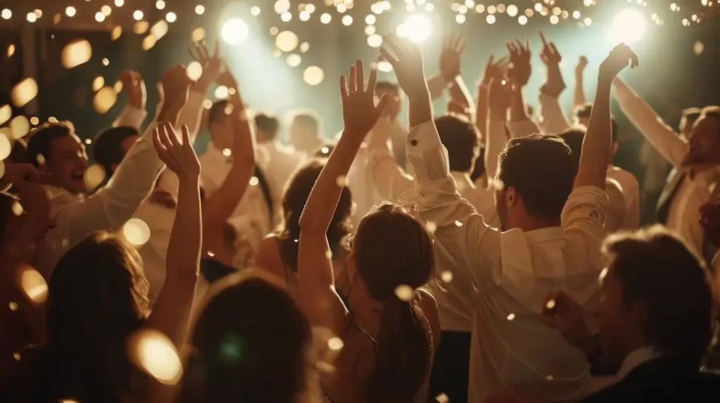 Elegant wedding guests dancing with raised arms during a luxury wedding celebration in Colombia